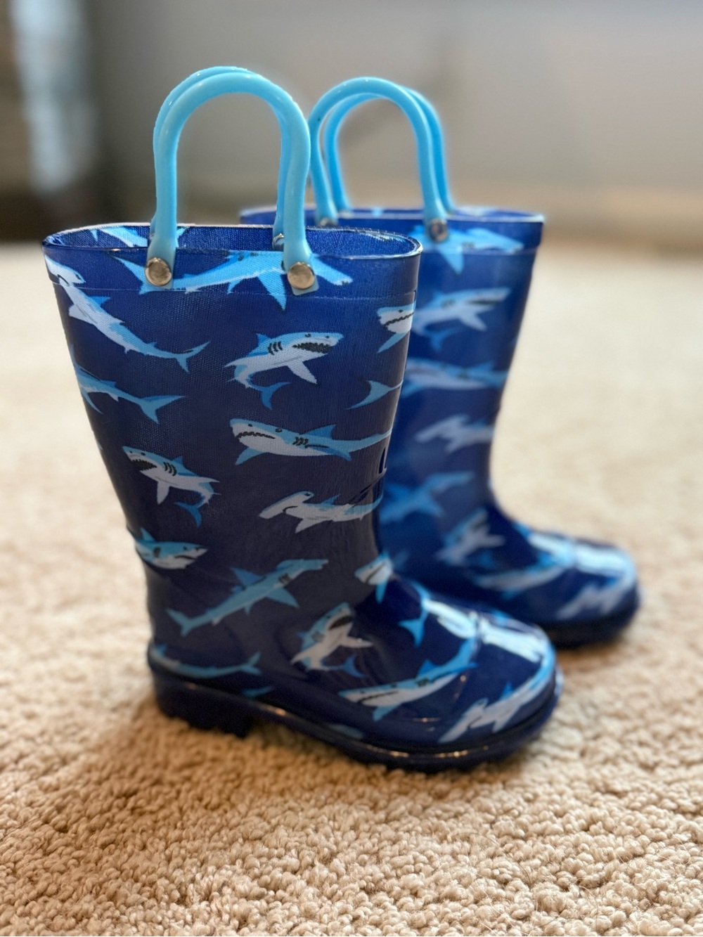 Kids Blue Shark Print Rain Boots with Pull Handles